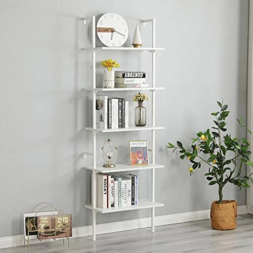 MELLCOM 5 Tier Industrial Ladder Shelf, Wood Modern Bookshelf With White Metal Frame, Wall-Mounted Plant Flower Storage Organizer For Living Room, Bathroom, Kitchen, Balcony - Image 2