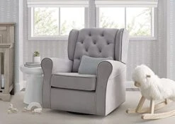 Delta Children Emerson Upholstered Glider Swivel Rocker Chair, Dove Grey With Soft Grey Welt