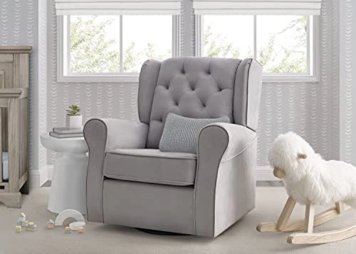 Delta Children Emerson Upholstered Glider Swivel Rocker Chair, Dove Grey With Soft Grey Welt