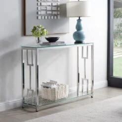 Sofa Table, Glass Console Table With 2-Tier Storage Shelves, Modern End And Narrow Entryway Table For Living Room, Hallway, And Bedroom, Stainless Steel Frame With Geometry Shape