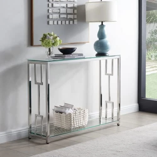 Sofa Table, Glass Console Table With 2-Tier Storage Shelves, Modern End And Narrow Entryway Table For Living Room, Hallway, And Bedroom, Stainless Steel Frame With Geometry Shape - Image 7