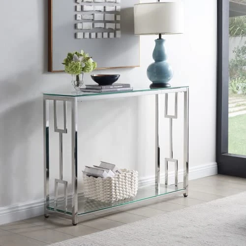Sofa Table, Glass Console Table With 2-Tier Storage Shelves, Modern End And Narrow Entryway Table For Living Room, Hallway, And Bedroom, Stainless Steel Frame With Geometry Shape