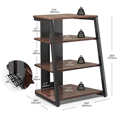 FITUEYES Design 4-Tier AV Media Stand Corner Shelf Stand Wooden Corner Shelves Component Cabinet Stereo Rack Audio Tower With Height Adjustable Wooden Shelves For/Apple Tv/Xbox One/ps4 (Walnut) - Image 6