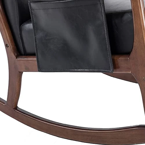 Rocking Chair With Ottoman, Mid-Century Upholstered Rocking Armchair With Thick Padded Cushion & Side Pocket & High Backrest, Nursery Glider Rocker Chair For Living Room Bedroom, Black PU - Image 5