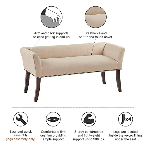 Madison Park Welburn Upholstered Tufted Entryway Accent Bench With Back, Nailhead Trim, And Padded Seat Mid-Century Modern Fabric Ottoman For Bedroom Furniture, 49.5" W X 19.25" D X 23" H, Tan - Image 3