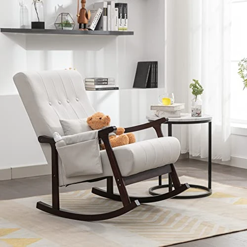 Attaliarec Rocking Chair Nursery, Rocker Glider Chair For Nursery High Back, Accent Living Room Chairs, Tufted Nursing Comfy Chairs For Mom, Gift, Side Pocket, Lumbar Pillow, Light Gray