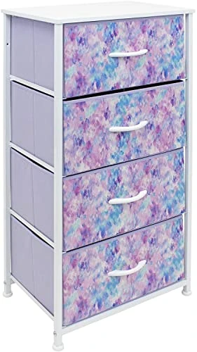 Sorbus Dresser Storage Tower, Organizer Drawers For Closet Boys & Girls Bedroom Bedside Furniture, Chest For Home, College Dorm, Steel Frame, Wood Top, Tie-dye Fabric Bins (4-Drawer, Blue/Pink/Purple)