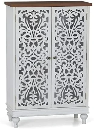 Sophia & William Sideboard And Buffet With Storage, 3-Door Hollow-Carved Accent Cabinet, Distressed Wood Storage Cabinet Cupboard For Kitchen, Dining Room, Living Room, Entryway, Blue - Image 5