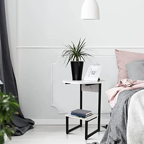 Round Side Table With White Marble Top, Small End Table For Living Room Bedroom, Modern Nightstand With Storage Shelf, Accent Table With Metal Frame, Black - Image 2