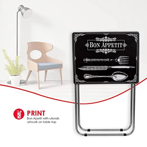 Home Basics Bon Appettit Multi-Purpose Sturdy Durable Decorative Cocktails TV Folding Table Tray Desk Bedside Laptop Snacks, Black - Image 4