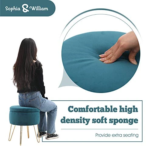 Sophia & William Round Storage Ottoman Footrest Stool With Removable Lid Side Table Seat Padded Velvet With Gold Metal Legs Upholstered Decorative Furniture For Living Room, Bedroom-Teal - Image 3