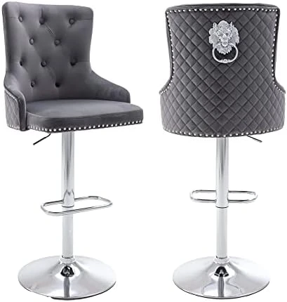 GOOLON Velvet Bar Stool Set Of 2 Lion Pull Ring Swivel Chair For Kitchen Counter Nailhead Upholstered Barstools Height Adjustable Barstools With Chrome Base For Dining Room Kitchen Gray - Image 9