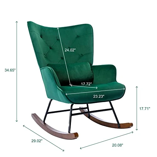 YOUTHUP Velvet Rocking Chair Indoor Mid-Century Modern Tufted Winback Rocker Chair With Solid Wood Base Comfy Tall Back Glider Rock Armchair For Living Room, Nursery, Balcony, Green - Image 5