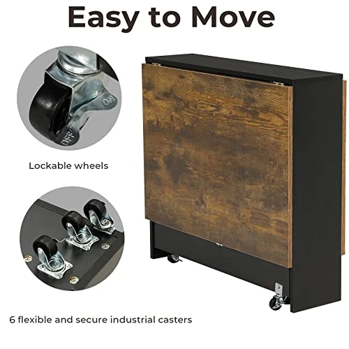 Tiptiper Folding Dining Table With 6 Wheels, Drop Leaf Tables For Small Spaces, Foldable Dining Table With 2-Layer Storage Rack, Folding Kitchen Table, Rustic Brown And Black - Image 4