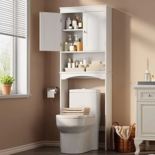 Gizoon Over The Toilet Storage Cabinet With Adjustable Shelf And Double Doors, Bathroom Space Saver Organizer Above Toilet With Open Shelf, Taller Wooden Free Standing Toilet Rack -White - Image 7