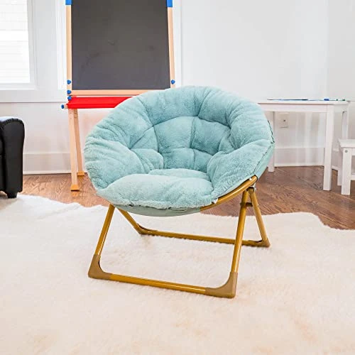 Flash Furniture Gwen Oversize Folding Saucer Chair - Dusty Aqua Faux Fur Moon Chair - Soft Gold Metal Frame - 23" Portable Folding Chair - For Dorm And Bedroom - Image 4