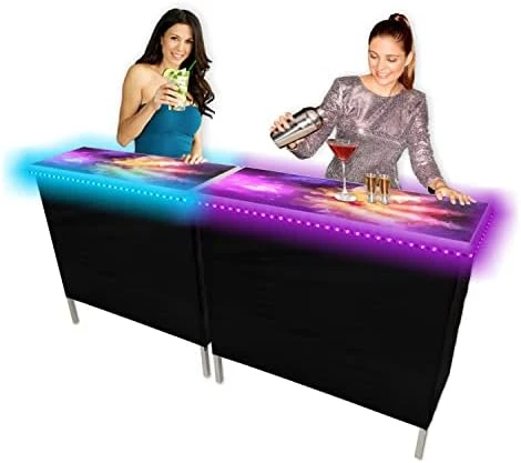 (USA Company) Patented Folding Portable Party Bar W/Multi-Color LED Lights, Black & Hawaiian Bar Skirts, And Storage Shelf - Image 14