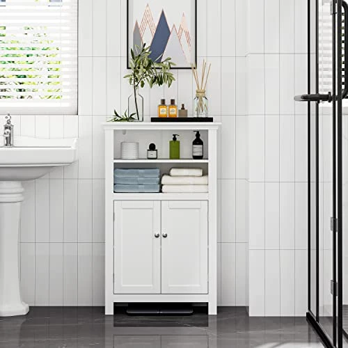 UTEX Bathroom Floor Cabinet,Free Standing Storage Cabinet,Wood Storage Organizer For Bathroom, Bedroom, Living Room,White - Image 2