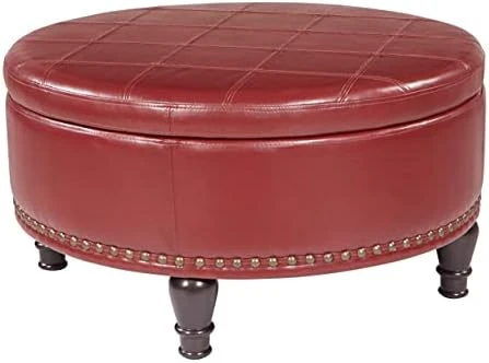 OSP Home Furnishings Augusta Round Storage Ottoman With Decorative Nailheads And Flip Over Lid With Serving Tray Surface, Espresso Faux Leather - Image 6