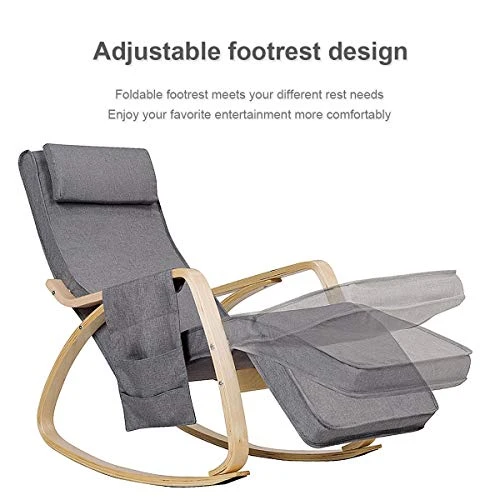 Relax Adjustable Lounge Rocking Chair With Pillow & Pocket Comfortable Armrest Backrest Adjustable Footrest - Image 5