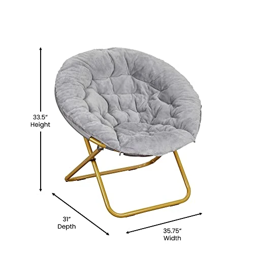 Flash Furniture Gwen Oversize Folding Saucer Chair - Gray Faux Fur Moon Chair - Soft Gold Metal Frame - 38" Portable Folding Chair - For Dorm And Bedroom - Image 2