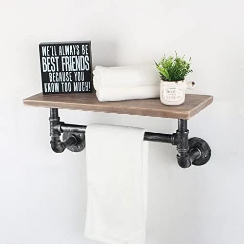 Industrial Pipe Shelf Bathroom Shelves Wall Mounted,19.6in Rustic Wood Shelf With Towel Bar,2 Tier Farmhouse Towel Rack Over Toilet,Pipe Shelving Floating Shelves Towel Holder,Retro Grey - Image 13