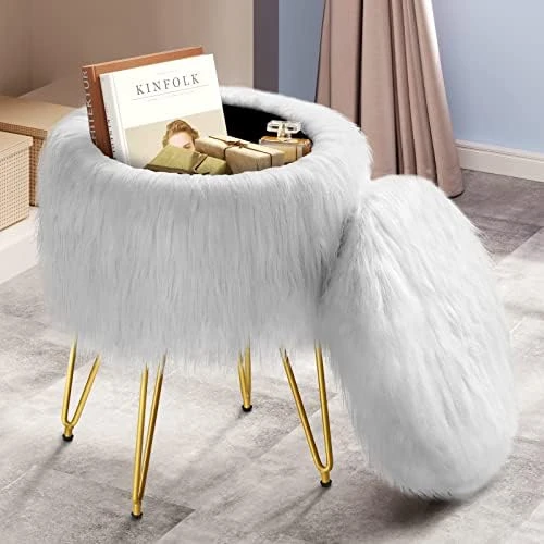 GREENSTELL Vanity Stool Chair With Storage, 15.75" W X 19.29" H Round Faux Fur Ottoman With 4 Metal Legs, Furry Padded Seat, Modern Multifunctional Makeup Stool For Bedroom Living Room Pink - Image 8