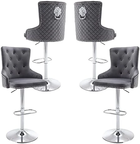 GOOLON Velvet Bar Stool Set Of 2 Lion Pull Ring Swivel Chair For Kitchen Counter Nailhead Upholstered Barstools Height Adjustable Barstools With Chrome Base For Dining Room Kitchen Gray - Image 8