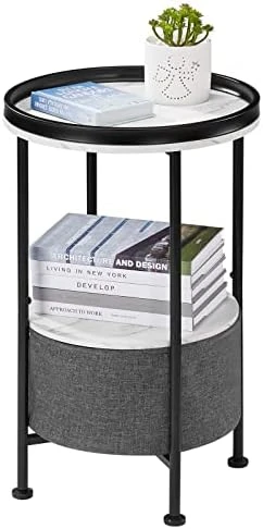 LEMONDA 26" High Marble White Round End Table With Storage,Small 2 Tiers Round Side Table With Basket For Living Room Bedroom,Round Sofa Table Nightstand Bedside Table For Small Spaces - Image 8