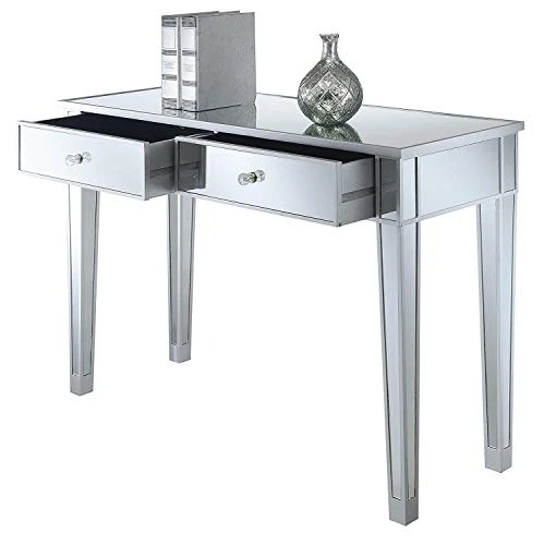 Convenience Concepts Gold Coast Mirrored Desk, Silver/Mirror & Concepts Gold Coast Mirrored End Table With Drawer, Silver/Mirror - Image 2