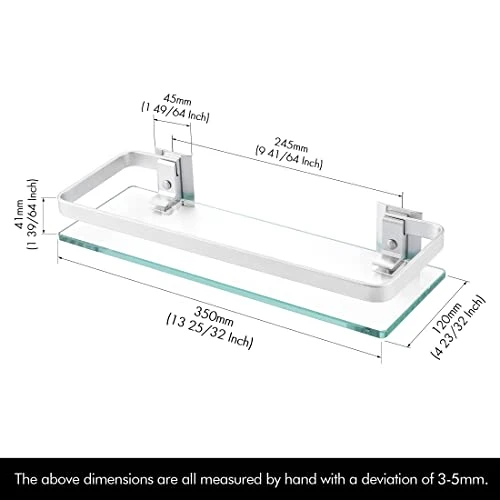 KES Bathroom Glass Shelf Aluminum Tempered Glass 8MM Extra Thick 2 Pack Rectangular 1 Tier Storage Organizer Wall Mount Silver, A4126A-P2 - Image 2