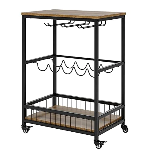 Graciia Mobile Bar Cart For Home, Serving On Wheels, Rolling Wine Cart, Industrial Beverage With Rack And Glass Holder, Rustic Brown (V-80) - Image 5