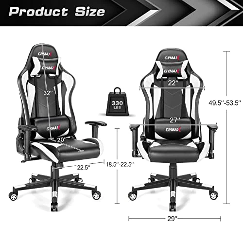 GYMAX Computer Gaming Chair, Racing Style Office Chair With Adjustable Lumbar Support Headrest, 360° Swivel, Height Adjustable Ergonomic Reclining Gaming Chair For Home Office Leisure Room (White) - Image 3