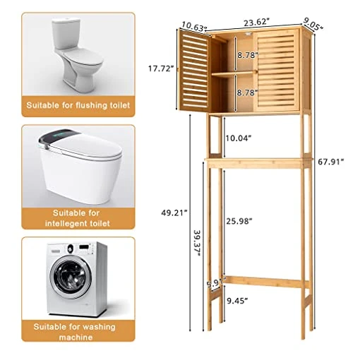 HOYOC 3-Tier Bamboo Over The Toilet Storage, Tall Bathroom Cabinet Organizer With Cupboard And Adjustable Shelves Freestanding Toilet Shelf Space Saver Rack Stand - Image 2