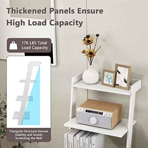 Tangkula 4 Tier Ladder Shelf, Leaning Bookshelf With Solid Wooden Frame, Anti-toppling Device, Anti-falling Baffle, Organizer Shelf, Open Shelving Unit For Home Office, 19.5 X 17.5 X 43 Inches (White) - Image 5