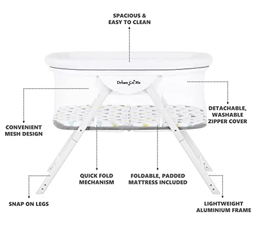 Dream On Me Poppy Traveler Portable Bassinet In White And Grey, Lightweight, Spacious And Convenient Mesh Design, JPMA Certified, Easy To Clean And Fold Baby Bassinet - Carry Bag Included - Image 4