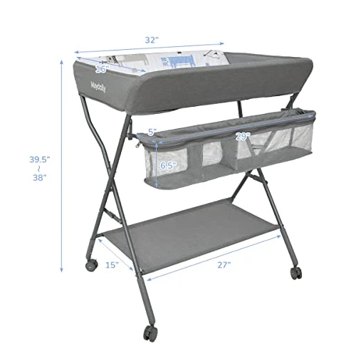 Baby Changing Table With Wheels, Maydolly Portable Adjustable Height Folding Diaper Station With Nursery Organizer & Storage Rack For Newborn Baby And Infant, Grey Pattern - Image 5