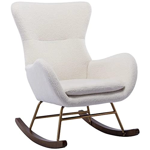 DM Furniture Sherpa Rocking Accent Chair Upholstered Nursery Glider Rocker For Baby Nursing Comfy Lounge Chair With Gold Legs For Living Room Bedroom, White - Image 5
