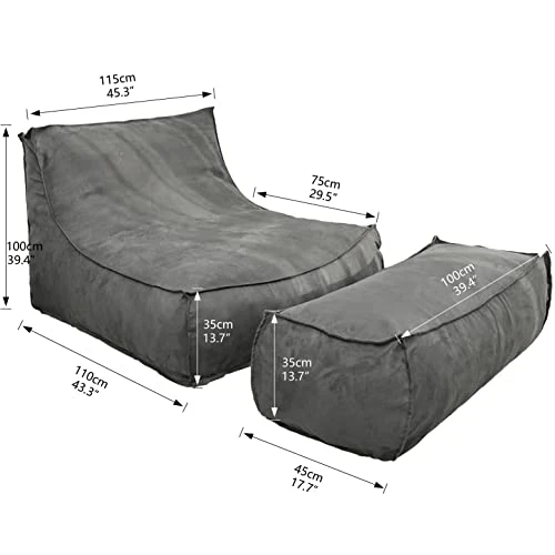 N&V Giant Foam Filling Floor Sofa, Extra Large High Density Foam Bean Bag, Faux Chamois Cover, Independent Linen (Grey, With Ottoman)