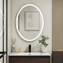 BuLife 28 X 20 Inch Oval LED Bathroom Mirror Anti-Fog 3 Colors Light Dimmable Wall Mounted Lighted Bathroom Vanity Mirror Memory Makeup Mirror Touch Switch