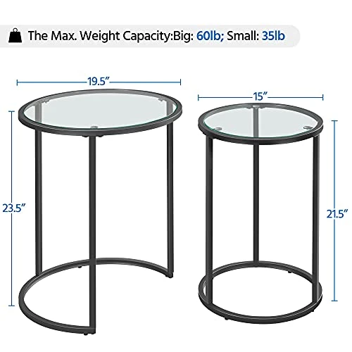 Yaheetech Round Nesting End Table Set Of 2,Stacking Side Tables,Coffee Tables Set W/Metal Frame & Glass Top & Protective Foot Pads For Small Space, Living Room, Office- Black - Image 2