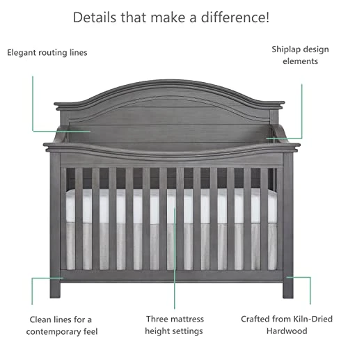 Evolur Belmar Curve 5-in-1 Convertible Crib In Rustic Grey, Greenguard Gold Certified, Features 3 Mattress Height Settings, Crafted From Hardwood, Wooden Nursery Furniture - Image 4