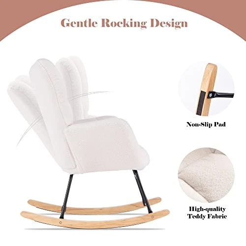 Polaris Garden Nursery Rocking Chair, Modern Teddy Fabric Nursing Chair For Mom And Baby, Accent Upholstered Rocker Glider Chair With High Backrest For Nursery Bedroom Living Room (Ivory White) - Image 2