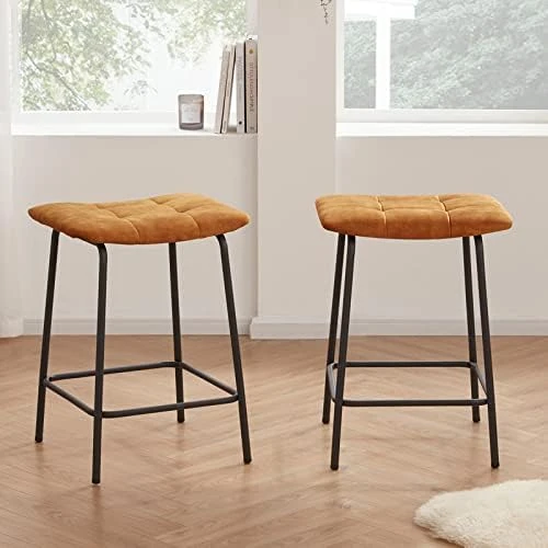 Duhome 24β Square Tufted Counter Bar Stools Set Of 2, Breathable Faux Leather Upholstered Barstool With Footrest, Backless Stool For Kitchen Counter Island Bar, YellowishBrown - Image 5