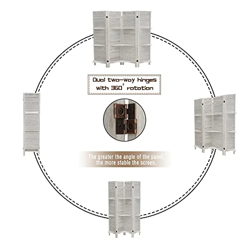 ECOMEX 4 Panel Room Divider With Shelves 5.6Ft Tall Folding Privacy Screens Room Dividers For Bedroom Home Double Hinged Wooden Room Dividers And Room Separator, White - Image 2