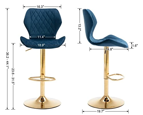 CIMOTA Velvet Bar Stools Set Of 2 Adjustable Height Bar Chairs With Back Modern Swivel Barstools For Kitchen/Home Bar/Dining Room/Office, (23.6 To 31.5 Inch/Gold Base/Navy Blue) - Image 3