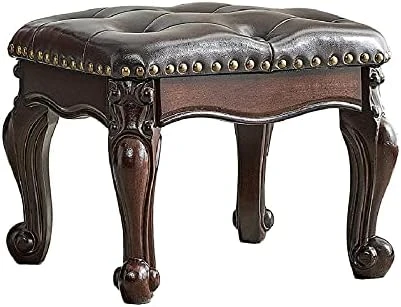 LEILISI Small Footstool Brown Leather Ottoman, Vintage Carved Upholstered Footrest, Rubber Wooden Foot Rest Stool Sofa Stool (Red-Brown) - Image 7
