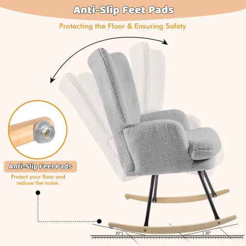 Waleaf Rocking Chair Nursery Teddy Upholstered Glider Rocker Rocking Accent Chair Padded Seat With High Backrest Armchair Bedroom Chair Comfy Chair (Grey) - Image 5