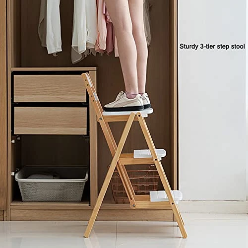 QQXX Folding Bar Stool Multifunctional 3 Step Ladder,Solid Wood Ladder Stool Counter Height Tall Stool,Portable Foldable Stool Step Stool For Adults Kitchen Outdoor(21.5β X 15.7β X 34.6β, Gray) - Image 2