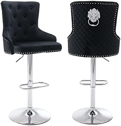 GOOLON Velvet Bar Stool Set Of 2 Lion Pull Ring Swivel Chair For Kitchen Counter Nailhead Upholstered Barstools Height Adjustable Barstools With Chrome Base For Dining Room Kitchen Gray - Image 12